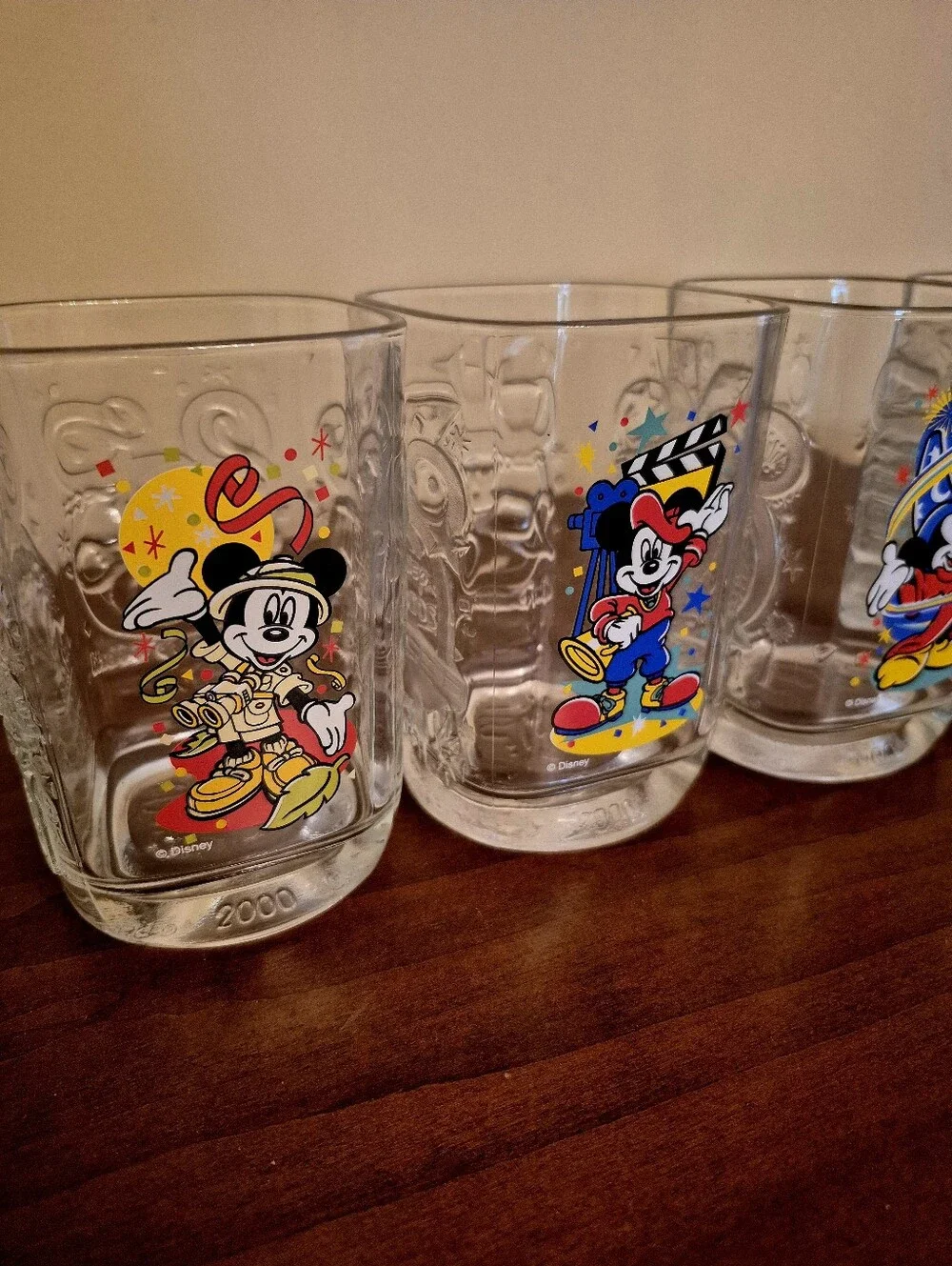 Vintage Mickey Mouse Themed Clear Glass Tumblers -Set of 4 - Colorful Designs